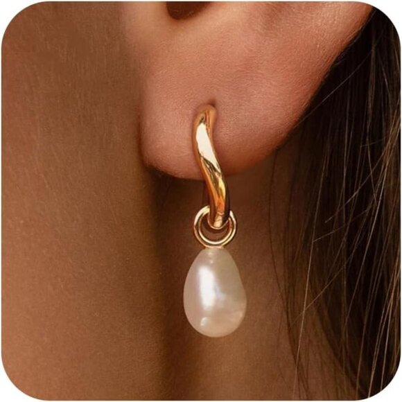 Trendy gold pearl hoop earrings for women 14K plated huggie drop wedding jewelry - Picture 1 of 6